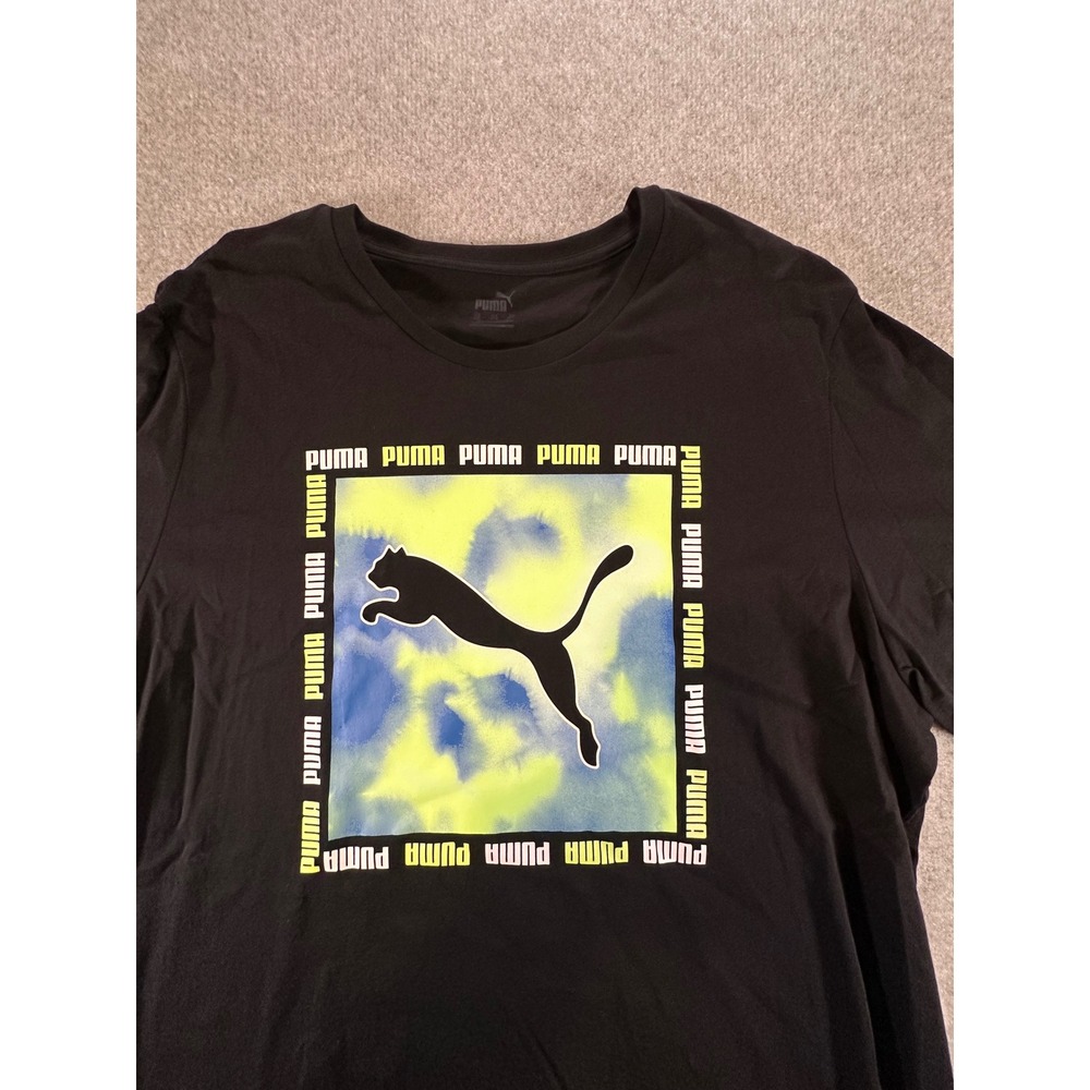 Puma‎ Mens XXL Black Graphic T-Shirt Leaping Cat Logo Watercolor Print Tee